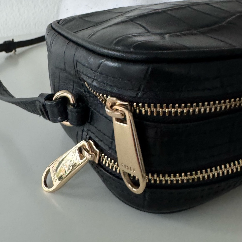 Furla Black Croc-Patterned Leather Camera Crossbody Bag - Picture 3 of 12